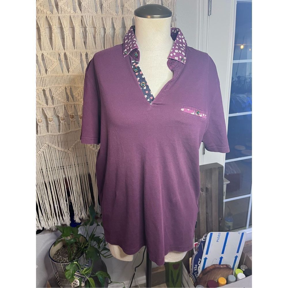 Ted Baker London polo sz 4 plum polo with floral trim pocket and collar